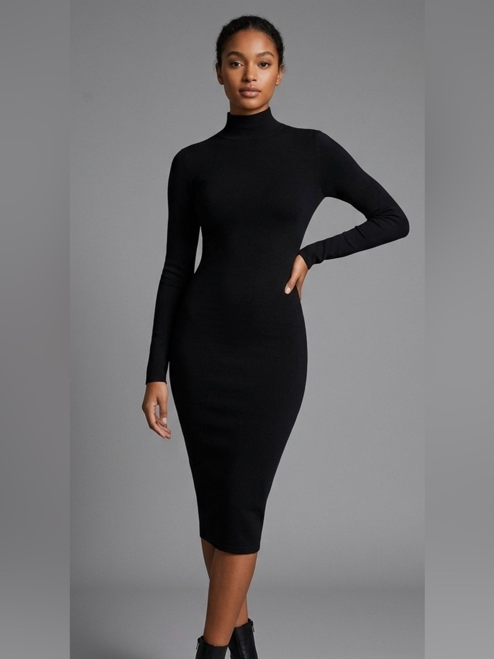 Black Long-Sleeve Turtleneck Bodycon Dress